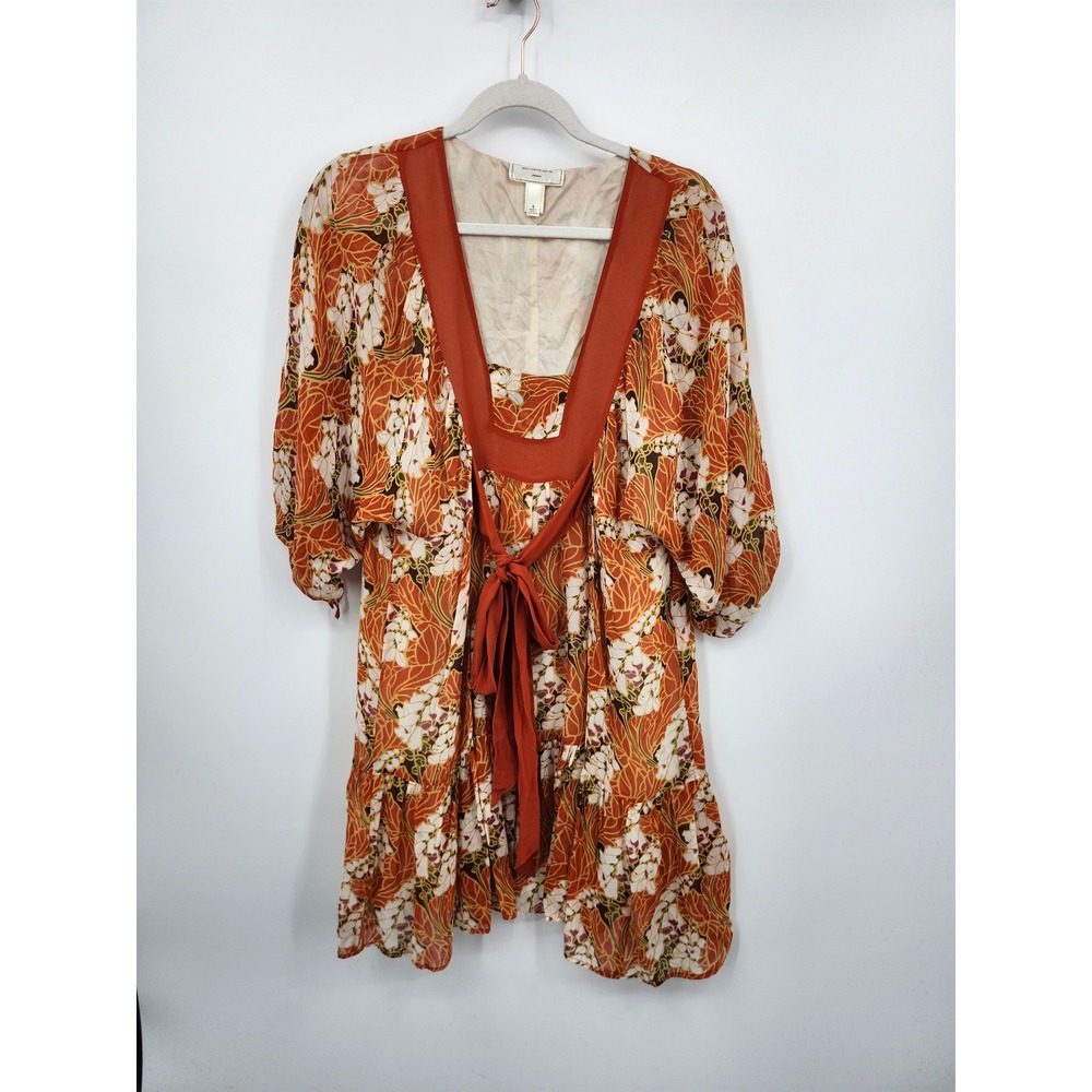 Moulinette Soeurs Silk Tunic Dress Womens 4 Orange Floral V-Neck Tie Waist Boho